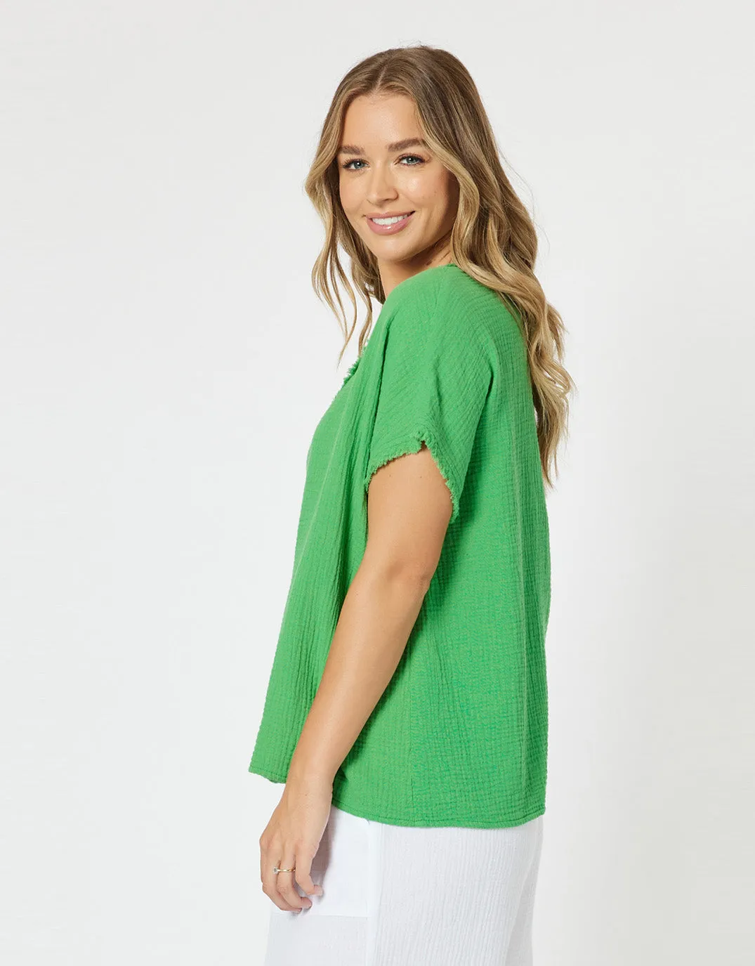 Byron Cotton V Neck Top - Emerald