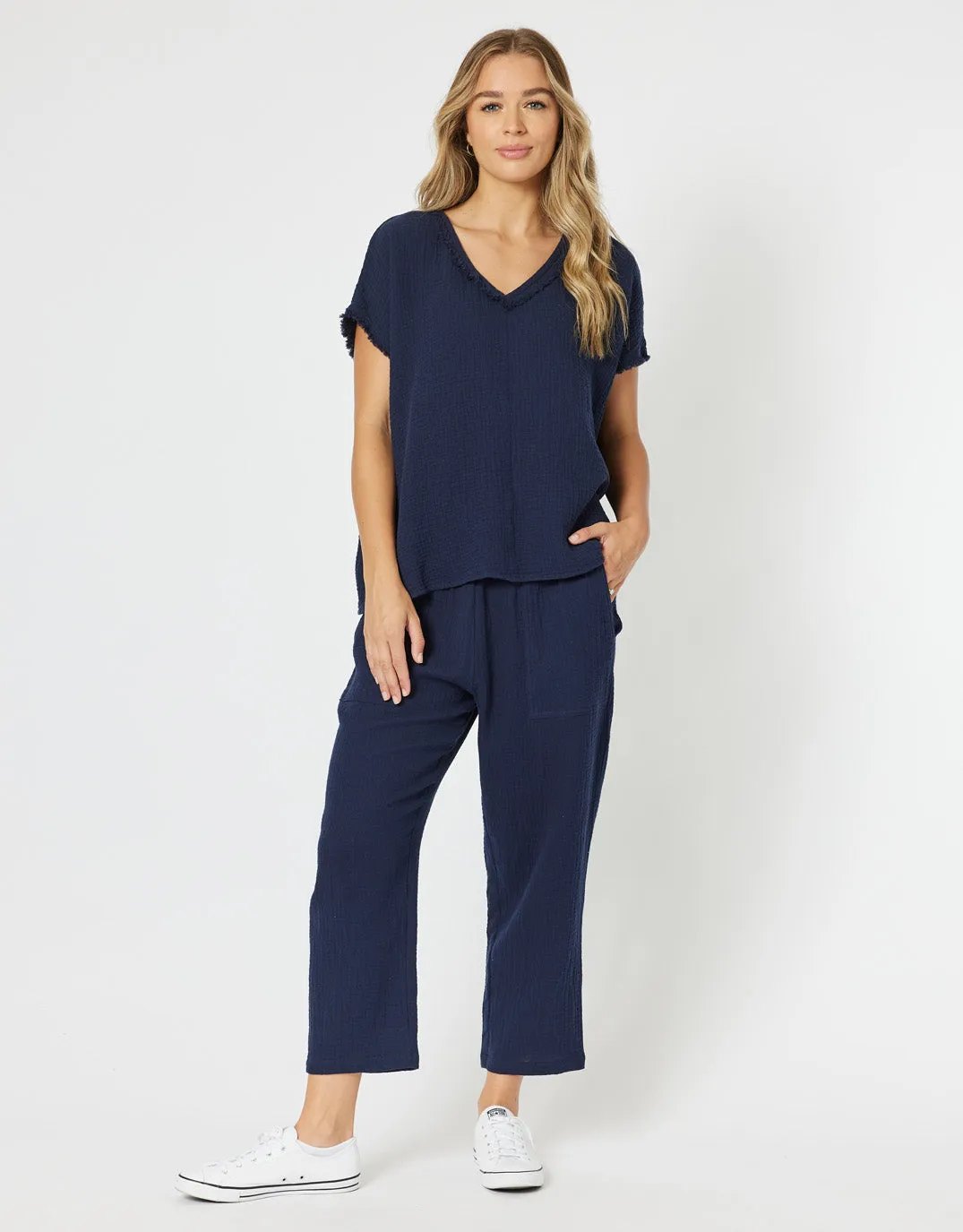 Byron Cotton V Neck Top - Navy