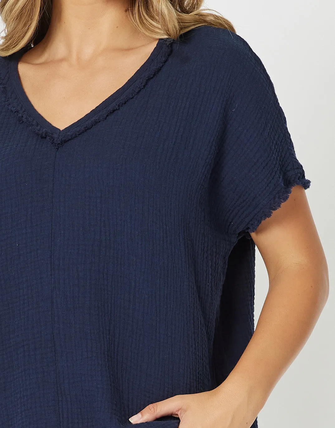 Byron Cotton V Neck Top - Navy