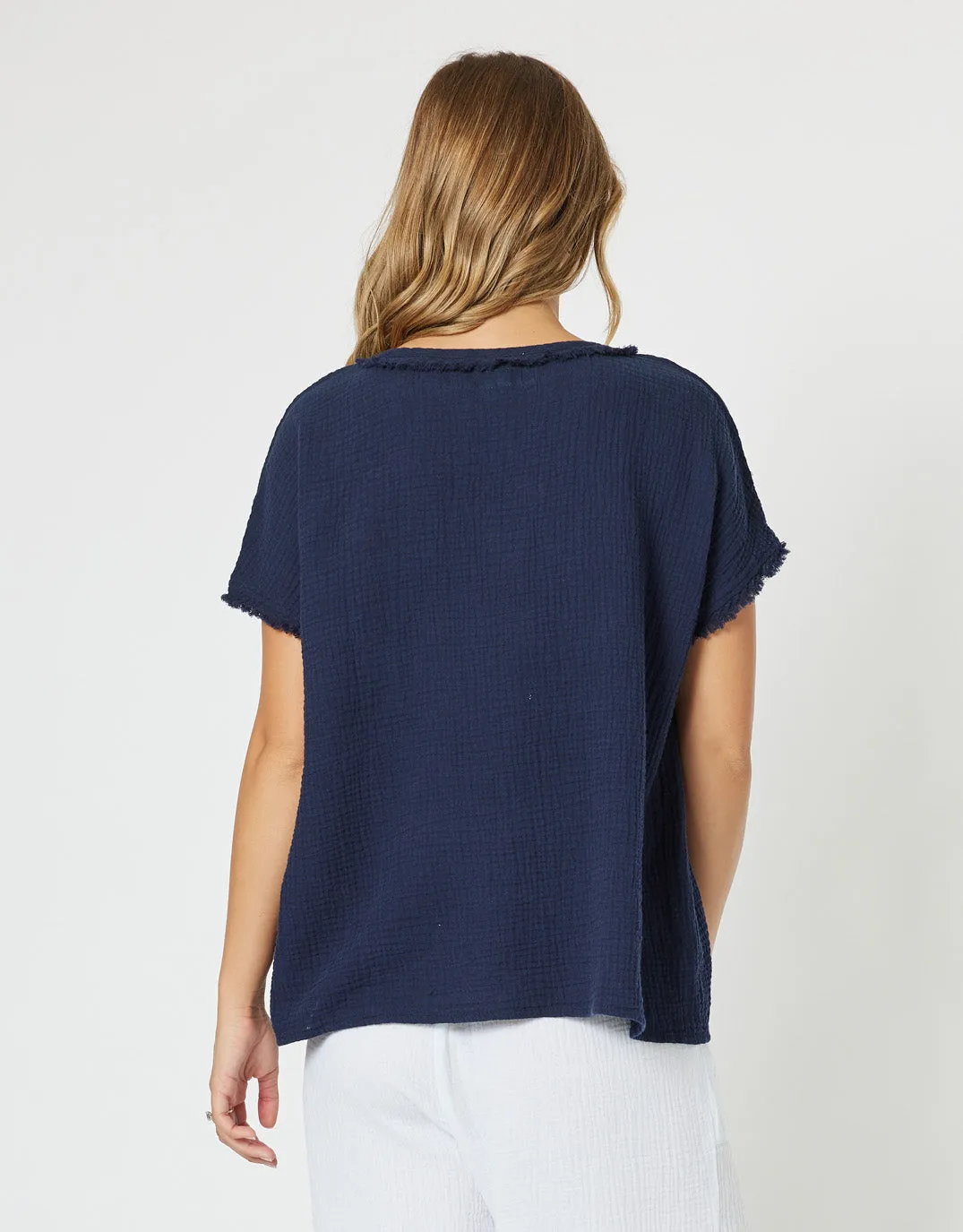 Byron Cotton V Neck Top - Navy