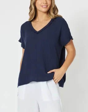 Byron Cotton V Neck Top - Navy