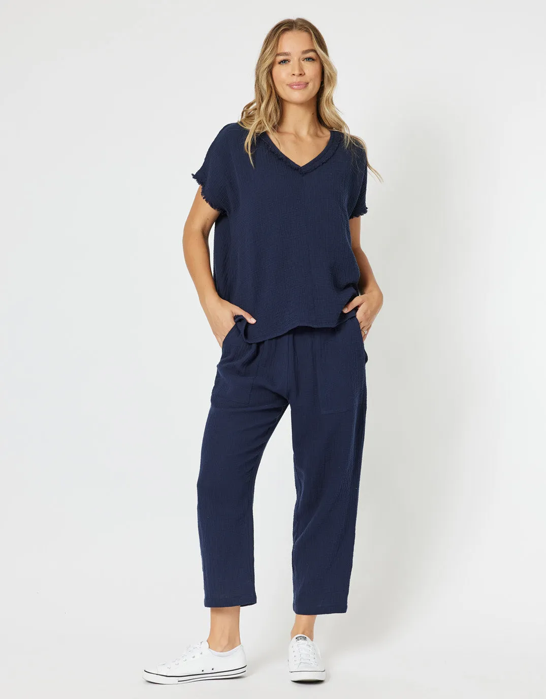 Byron Cotton V Neck Top - Navy