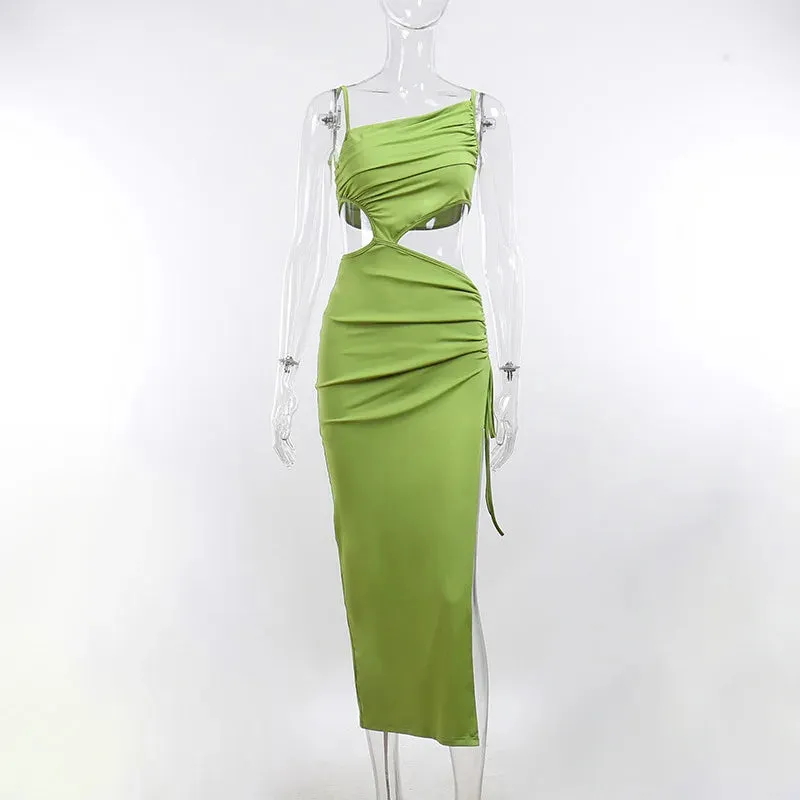 Casual Hollow Green Sleeveless Backless Midi Women 2024 Beach Cut Out Dress