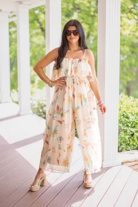 Chic Floral Peach Flowy Jumpsuit