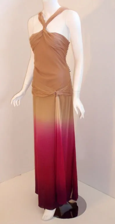 CHRISTIAN DIOR 1990s Ombre Chiffon Halter Gown