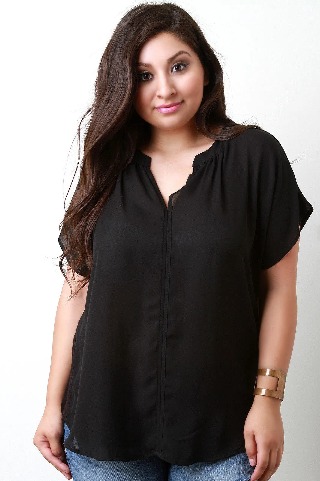 Contrast Chiffon Jersey Dolman Placket Top