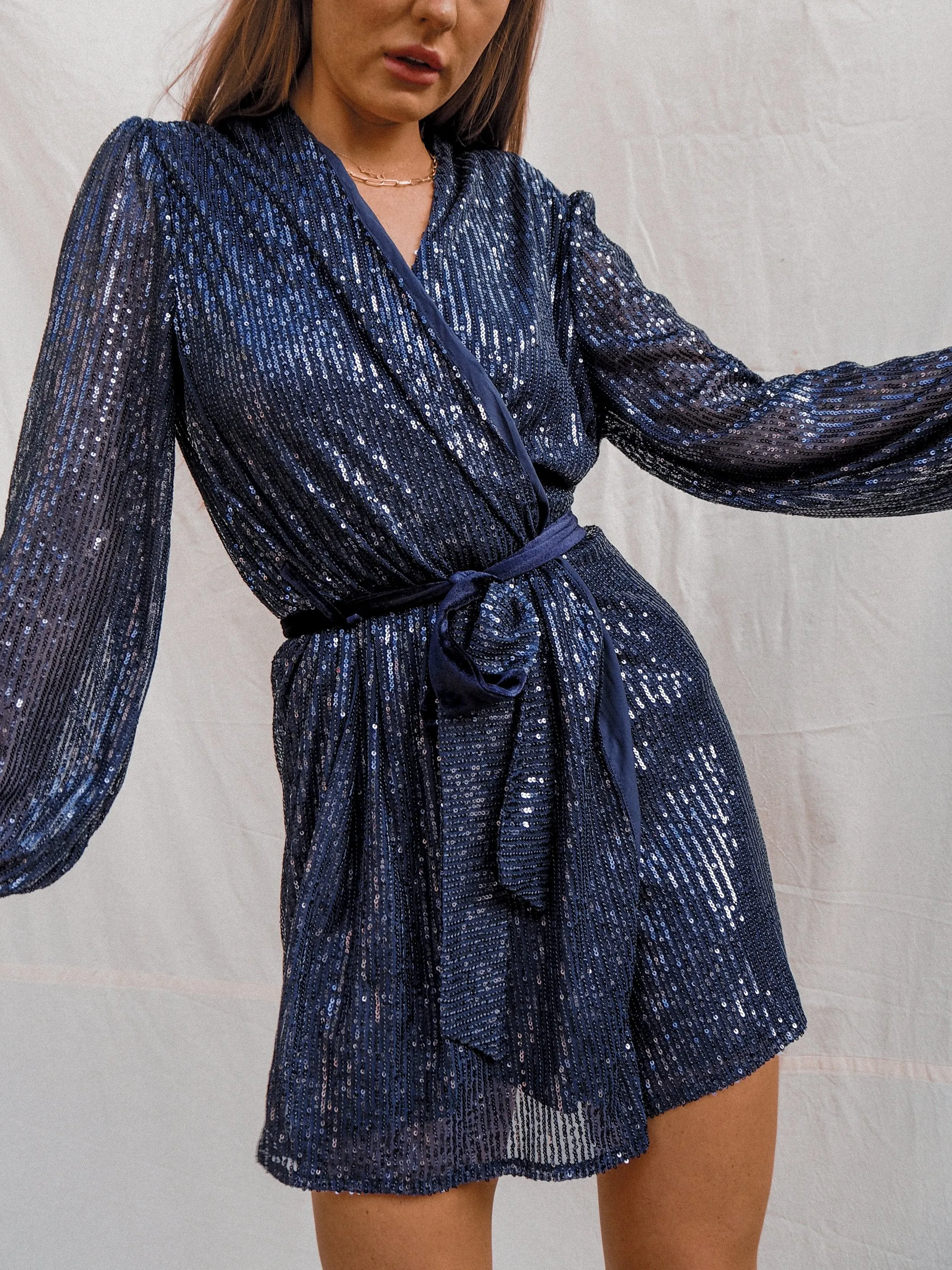 Dani Sequin Wrap Dress / Navy