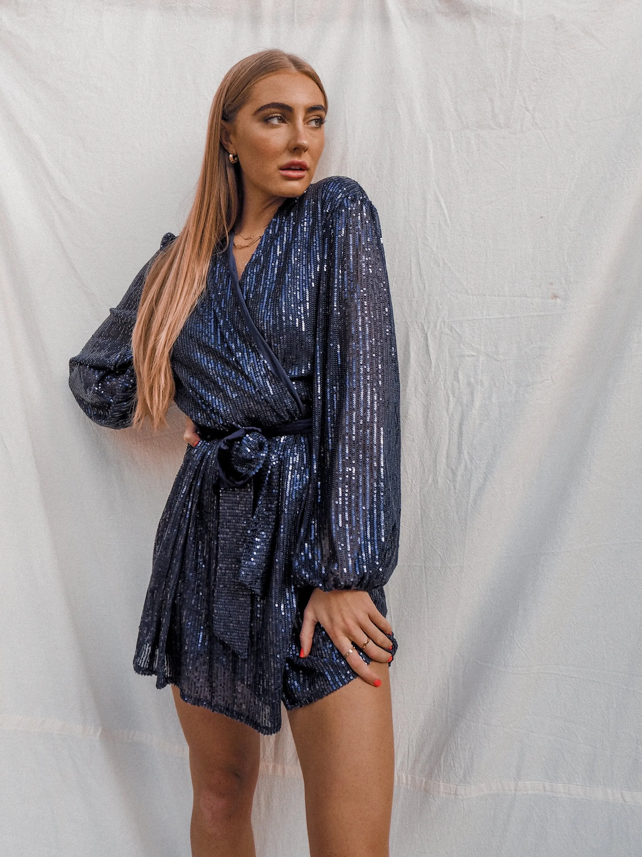 Dani Sequin Wrap Dress / Navy