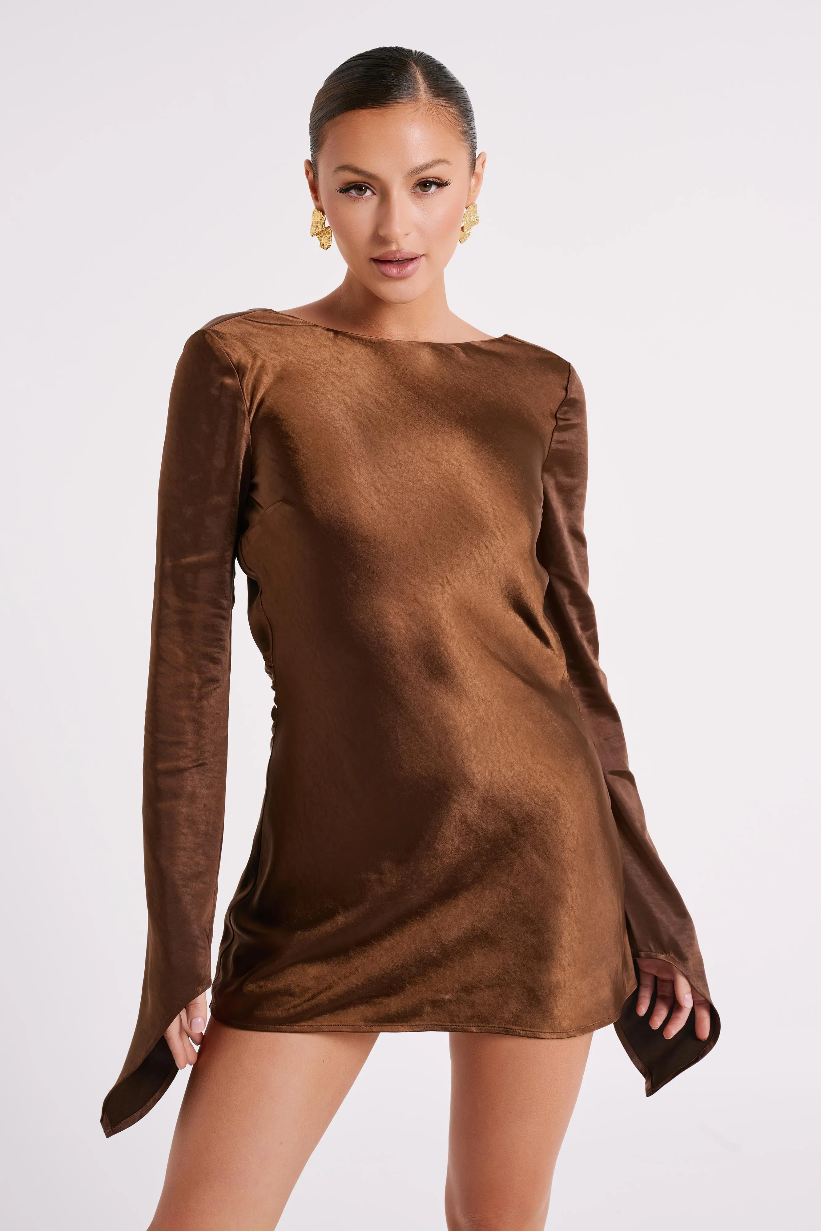 Davina Satin Long Sleeve Mini Dress - Dark Brown