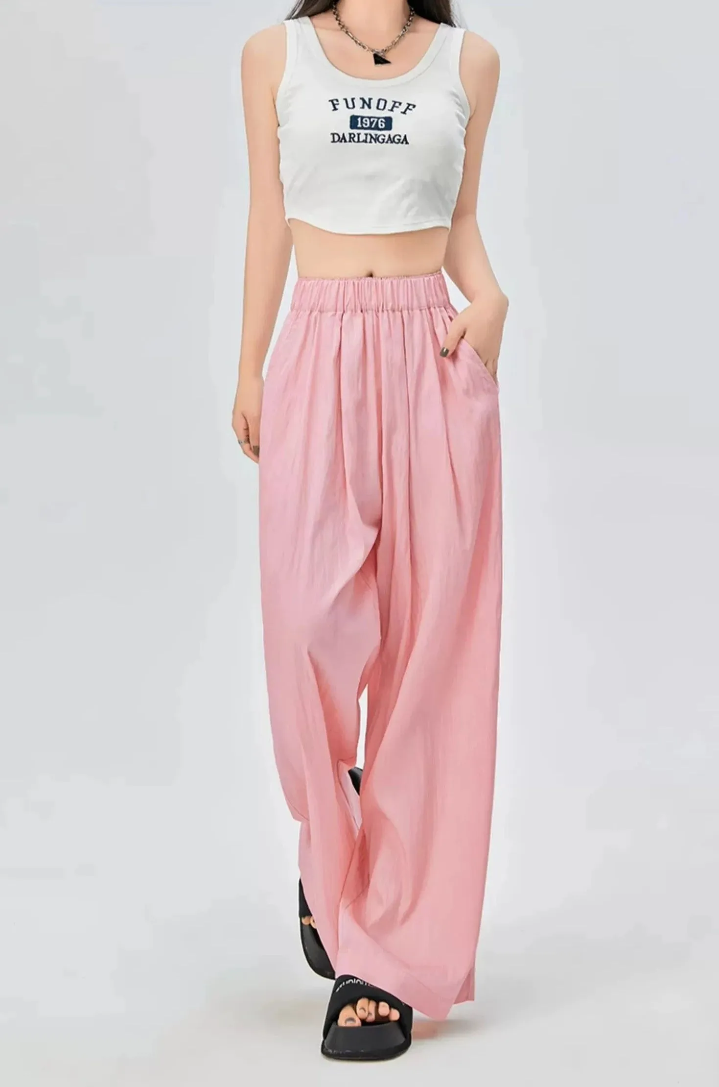 Elastic Waist Pleated Trousers with Pockets