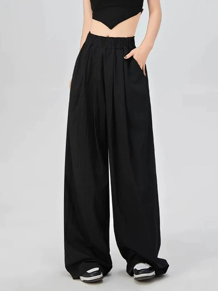 Elastic Waist Pleated Trousers with Pockets