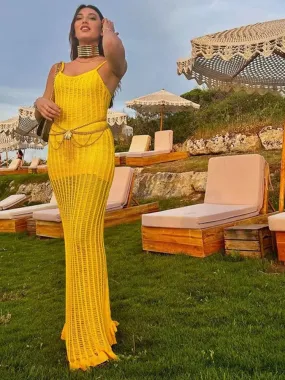 Fashion Half See Through Yellow V-Neck Sleeveless Backless Slim Elegant Beach Maxi Dress