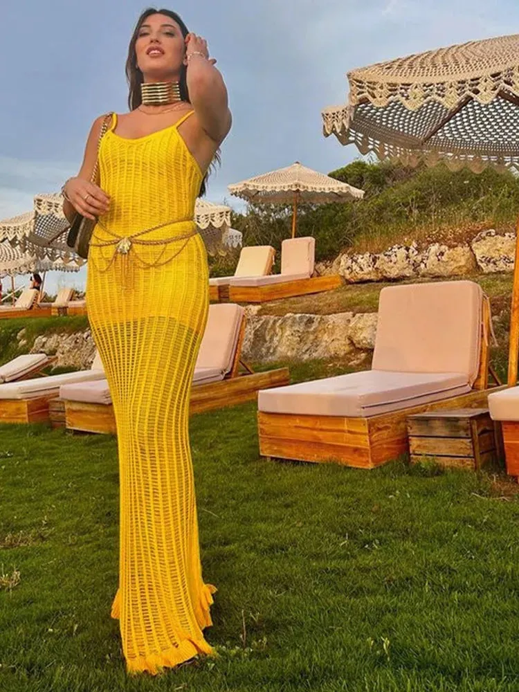 Fashion Half See Through Yellow V-Neck Sleeveless Backless Slim Elegant Beach Maxi Dress