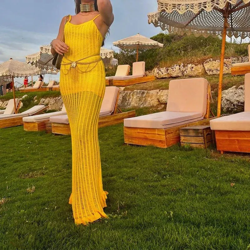 Fashion Half See Through Yellow V-Neck Sleeveless Backless Slim Elegant Beach Maxi Dress