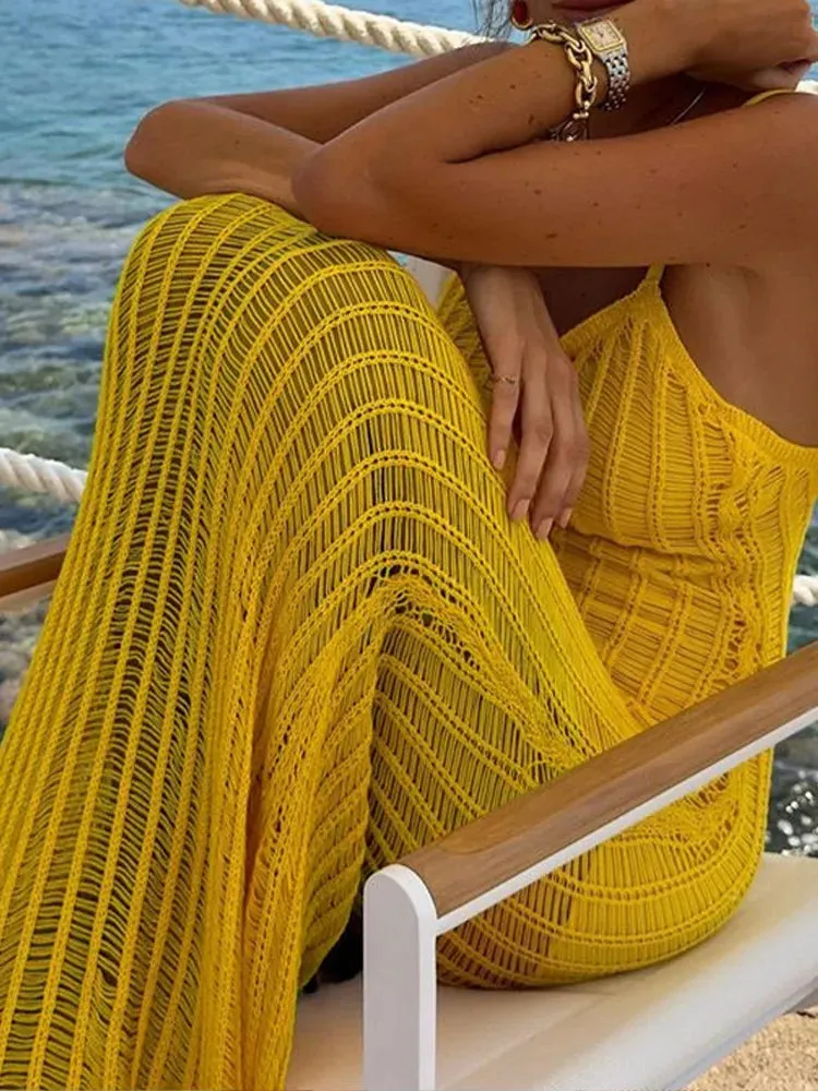 Fashion Half See Through Yellow V-Neck Sleeveless Backless Slim Elegant Beach Maxi Dress