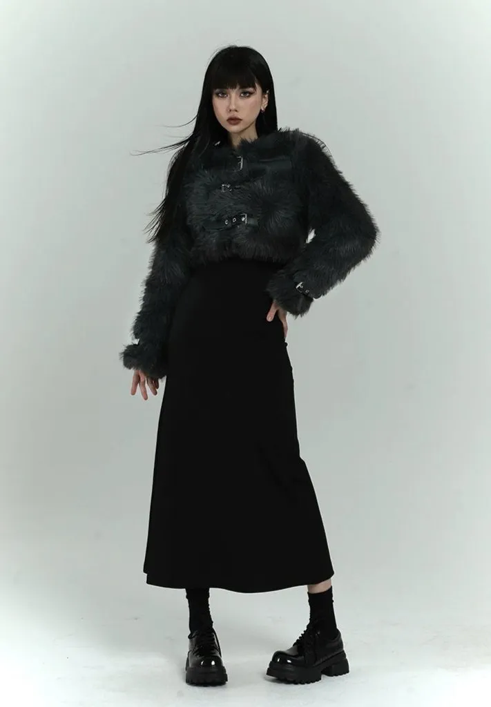 Faux Fur Cropped Coat with Leather Straps