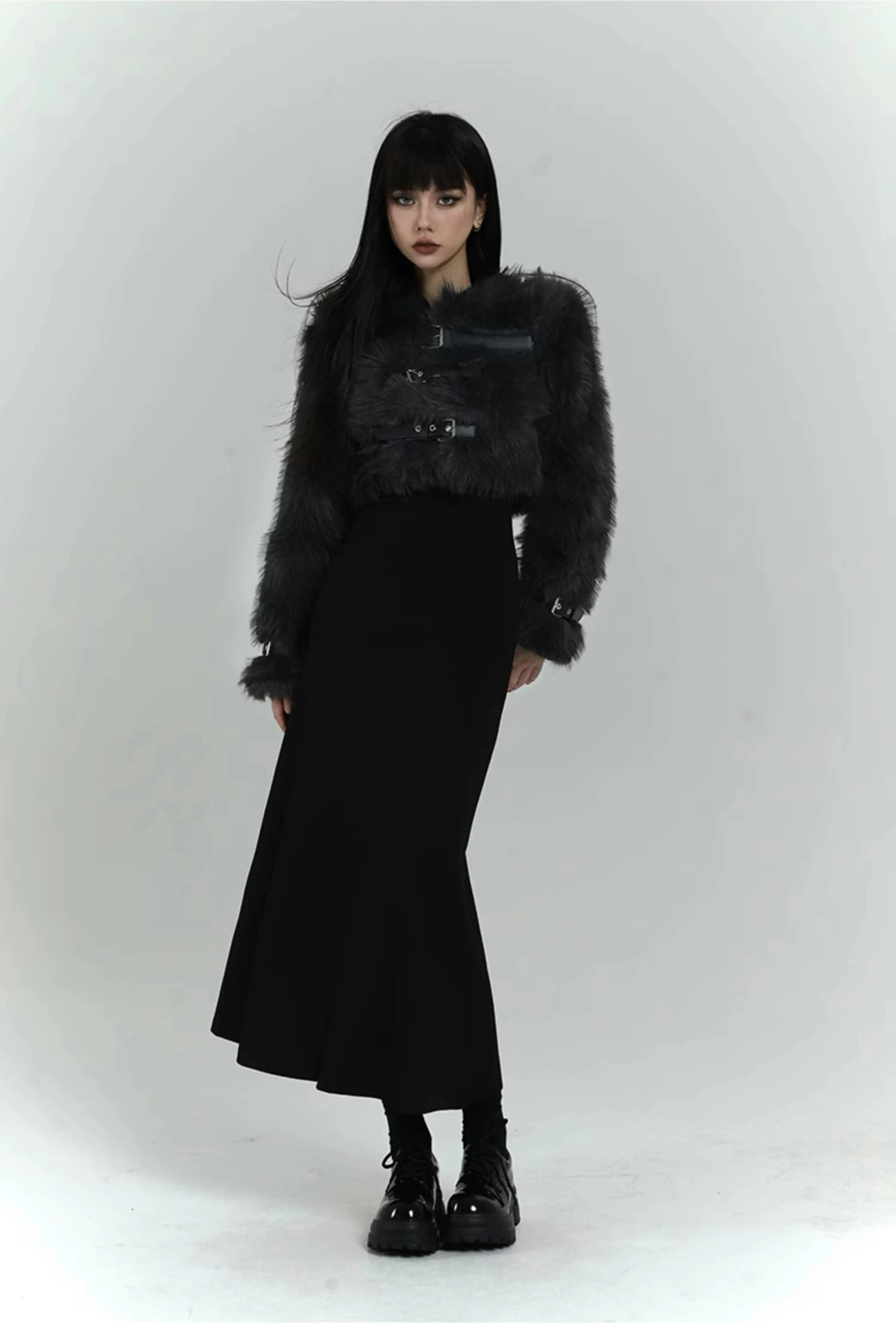 Faux Fur Cropped Coat with Leather Straps