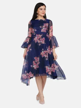 Floral Organza Asymmetrical Hem Flare Dress - Navy Blue and Pink