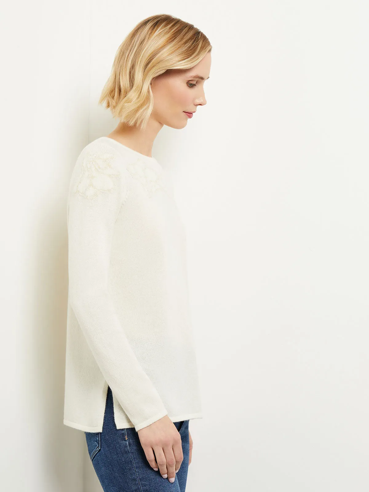 Floral Shimmer Cashmere Tunic, Ivory