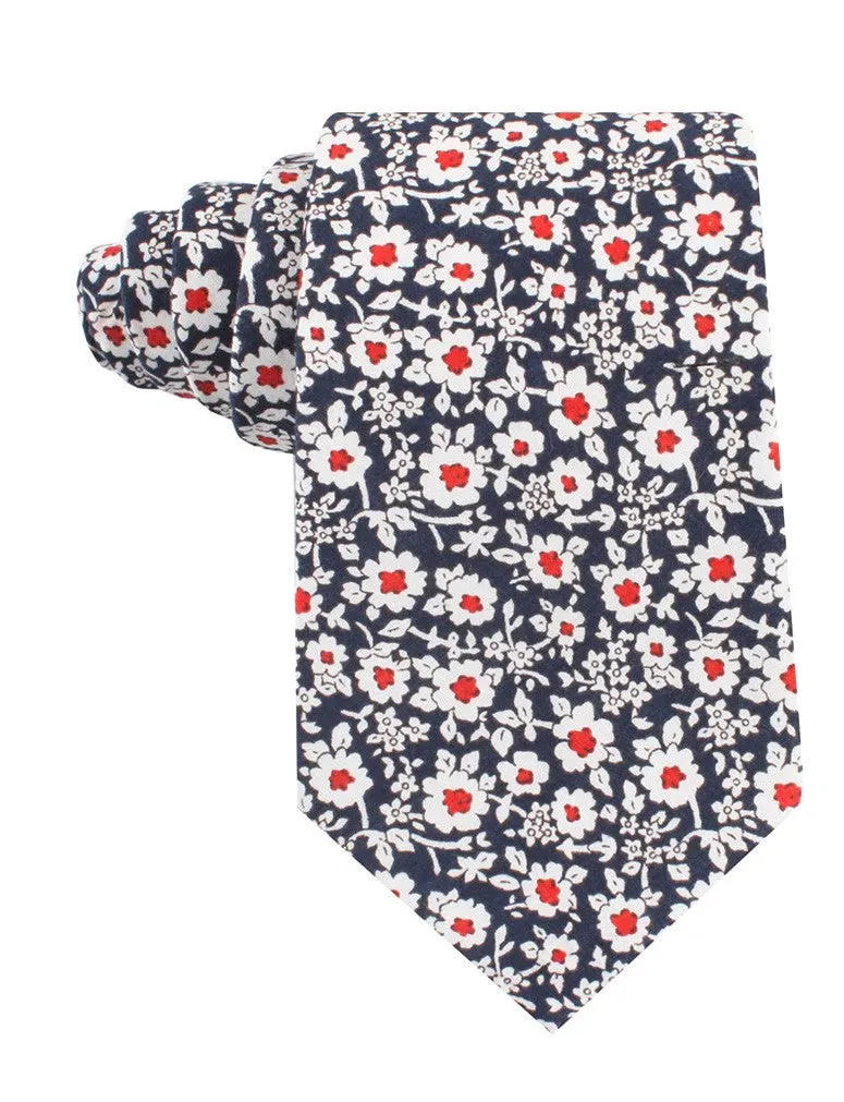 Floral Tie - Navy with Red & White