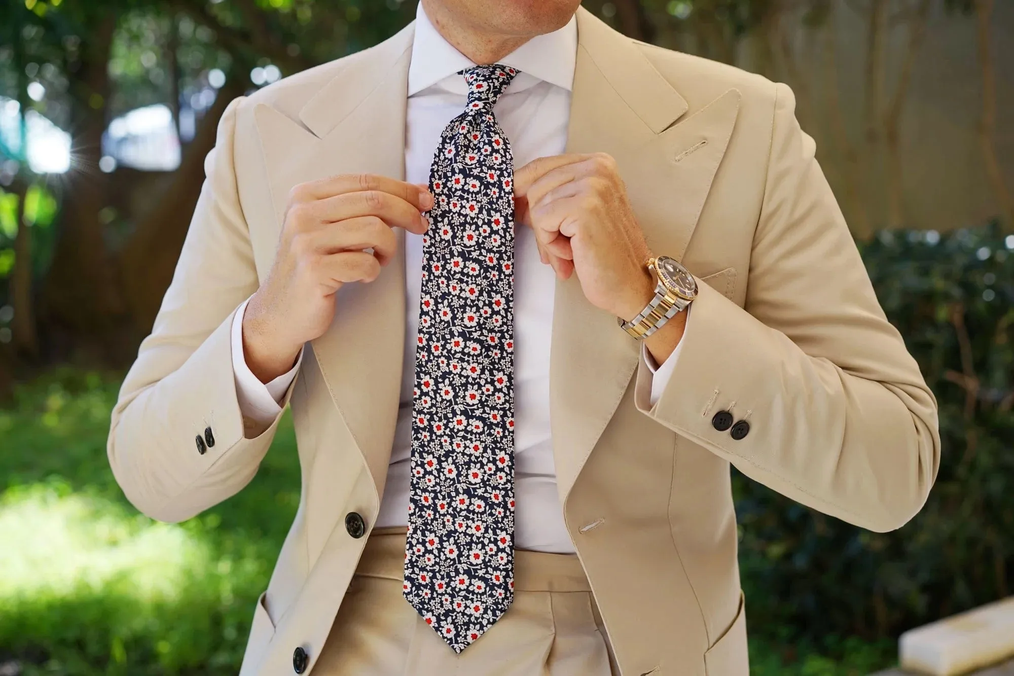 Floral Tie - Navy with Red & White