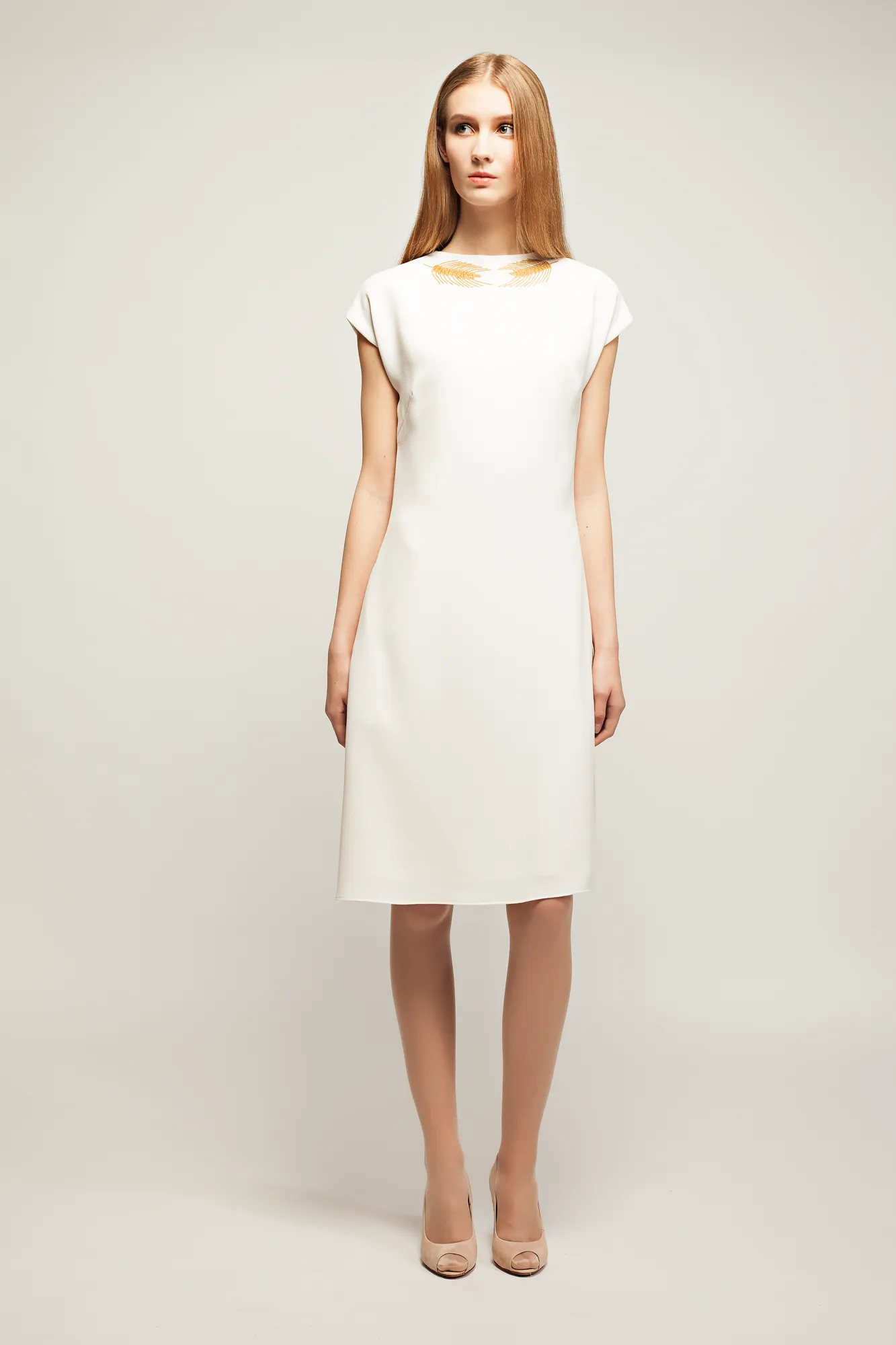 FRUMENTUM IVORY DRESS WITH HANDMADE EMBROIDERY