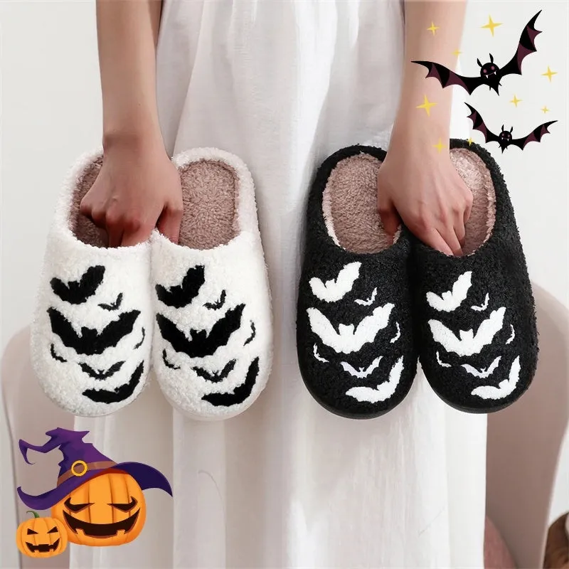 Funny Bat Slipper Halloween Pumpkin Flat Indoor House Shoes For Women Men Soft Plush Cozy Horror Fashion Halloween Gifts