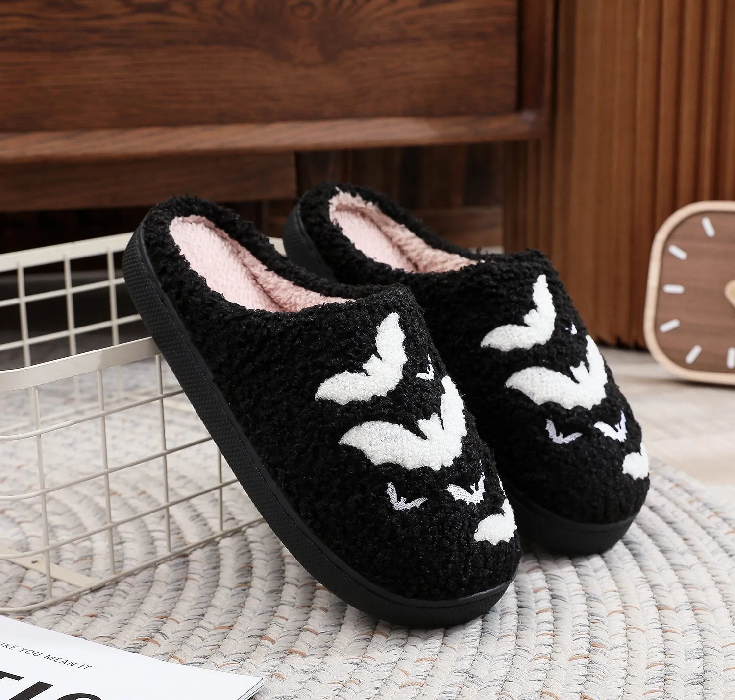 Funny Bat Slipper Halloween Pumpkin Flat Indoor House Shoes For Women Men Soft Plush Cozy Horror Fashion Halloween Gifts