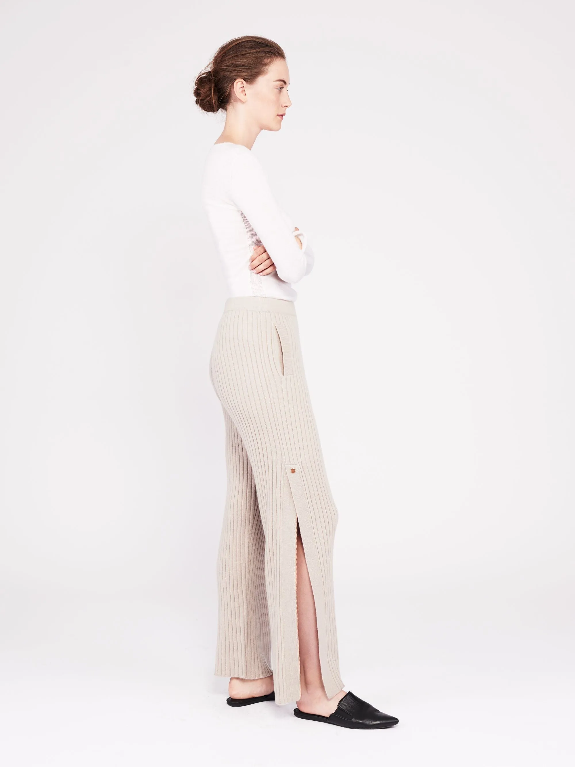 Get Set Ribbed Cashmere Wide-Leg Track Pants - Sand