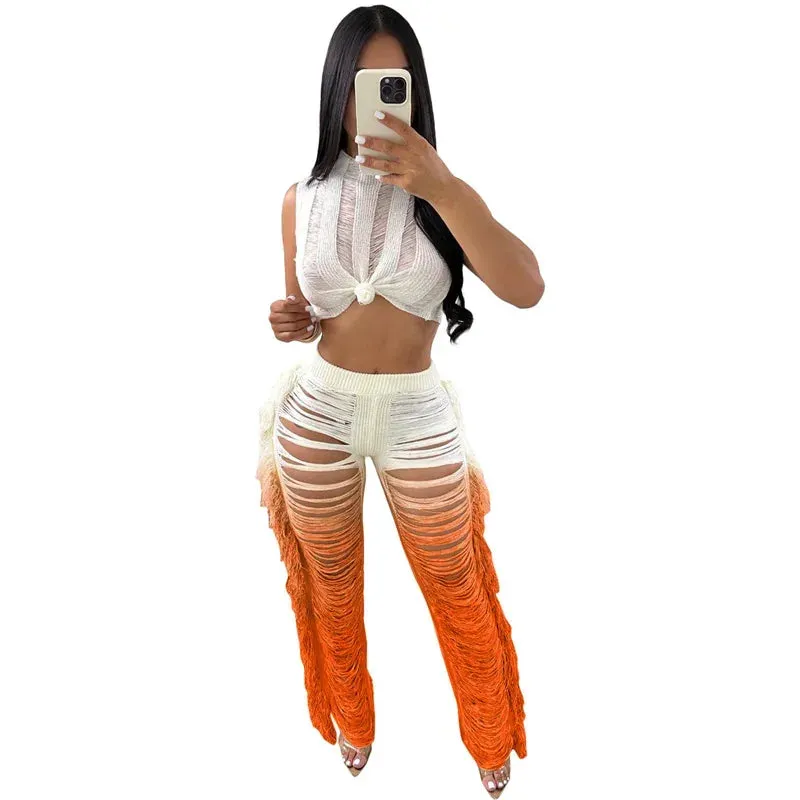 Getadme Gradient Color Crochet Two Piece Set for Women Summer Beach Crop Top and Wide Leg Pants Tassel Hollow Out Hole Vacation Outfits