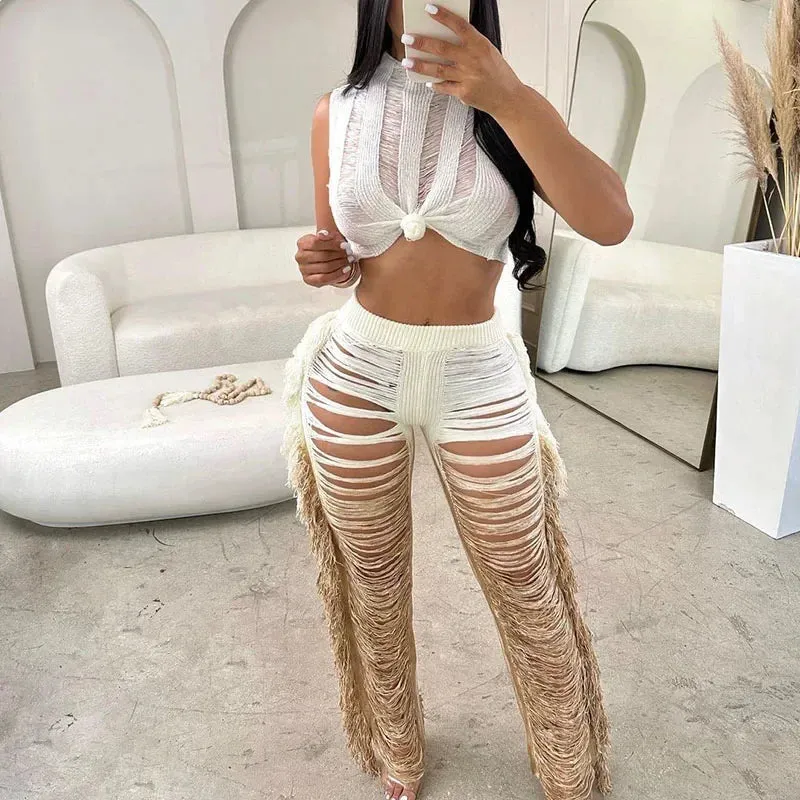 Getadme Gradient Color Crochet Two Piece Set for Women Summer Beach Crop Top and Wide Leg Pants Tassel Hollow Out Hole Vacation Outfits