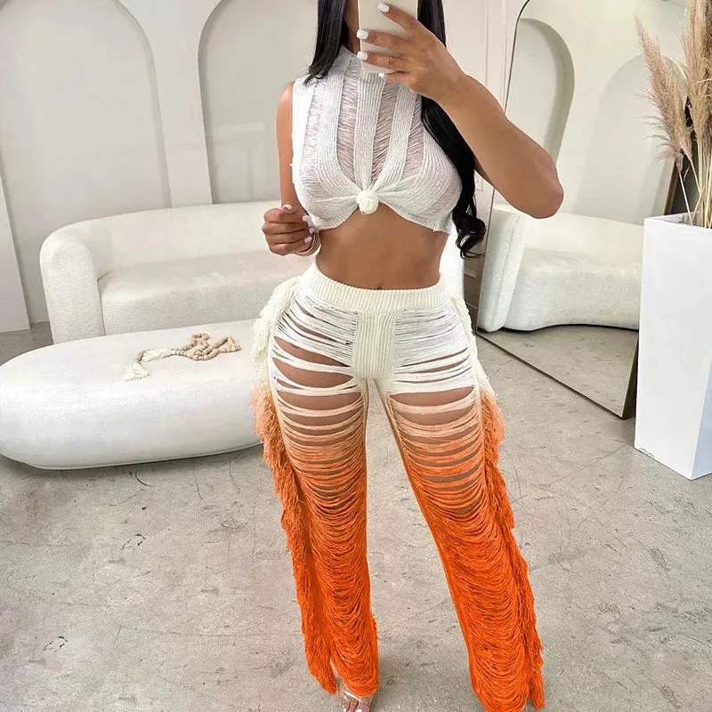 Getadme Gradient Color Crochet Two Piece Set for Women Summer Beach Crop Top and Wide Leg Pants Tassel Hollow Out Hole Vacation Outfits