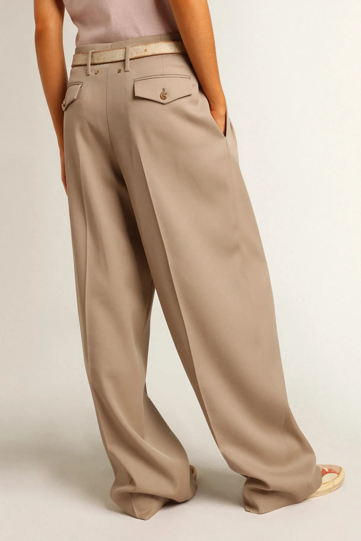 Golden Goose Wool Gabardine Wide Leg Pants - Roasted Cashew