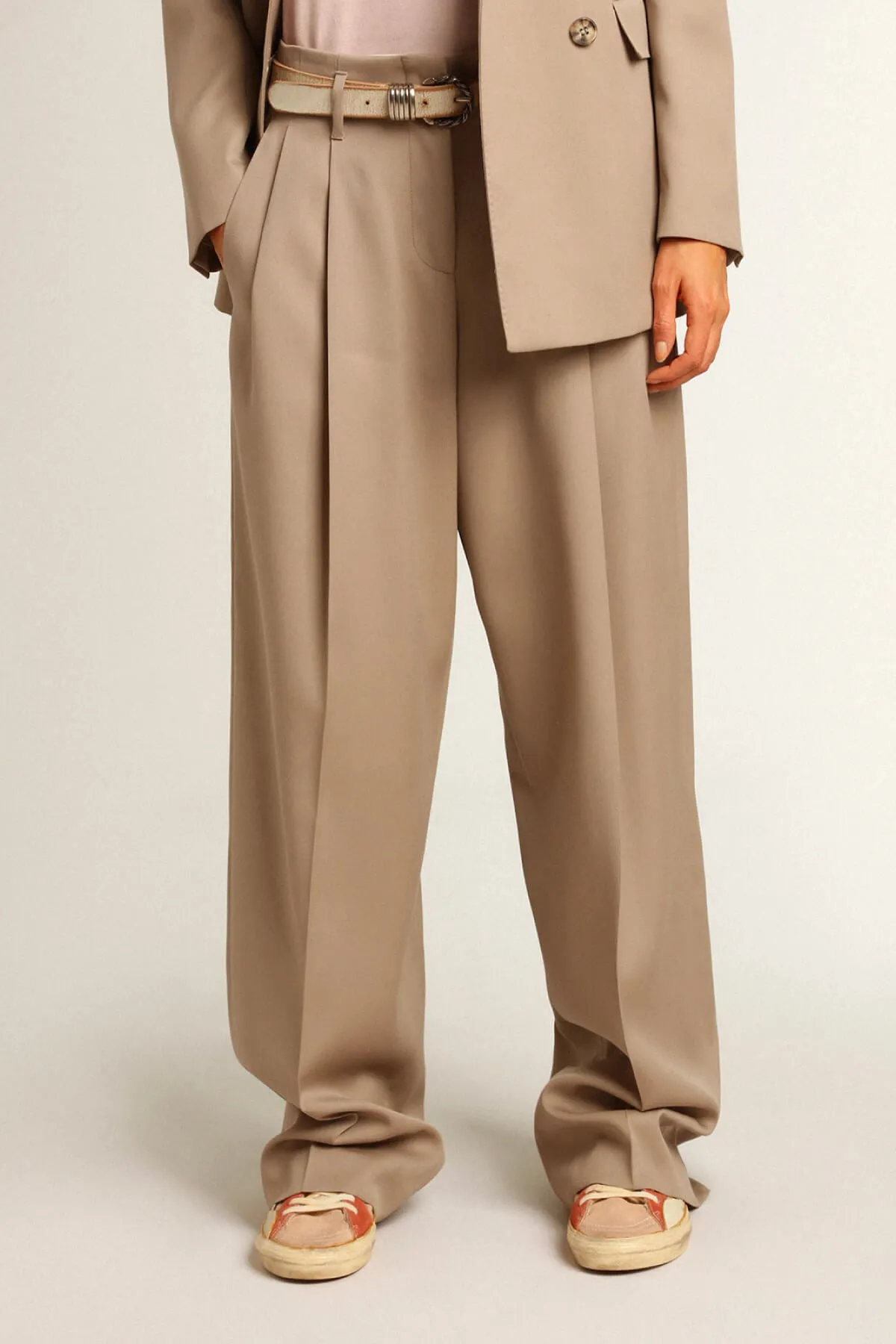 Golden Goose Wool Gabardine Wide Leg Pants - Roasted Cashew