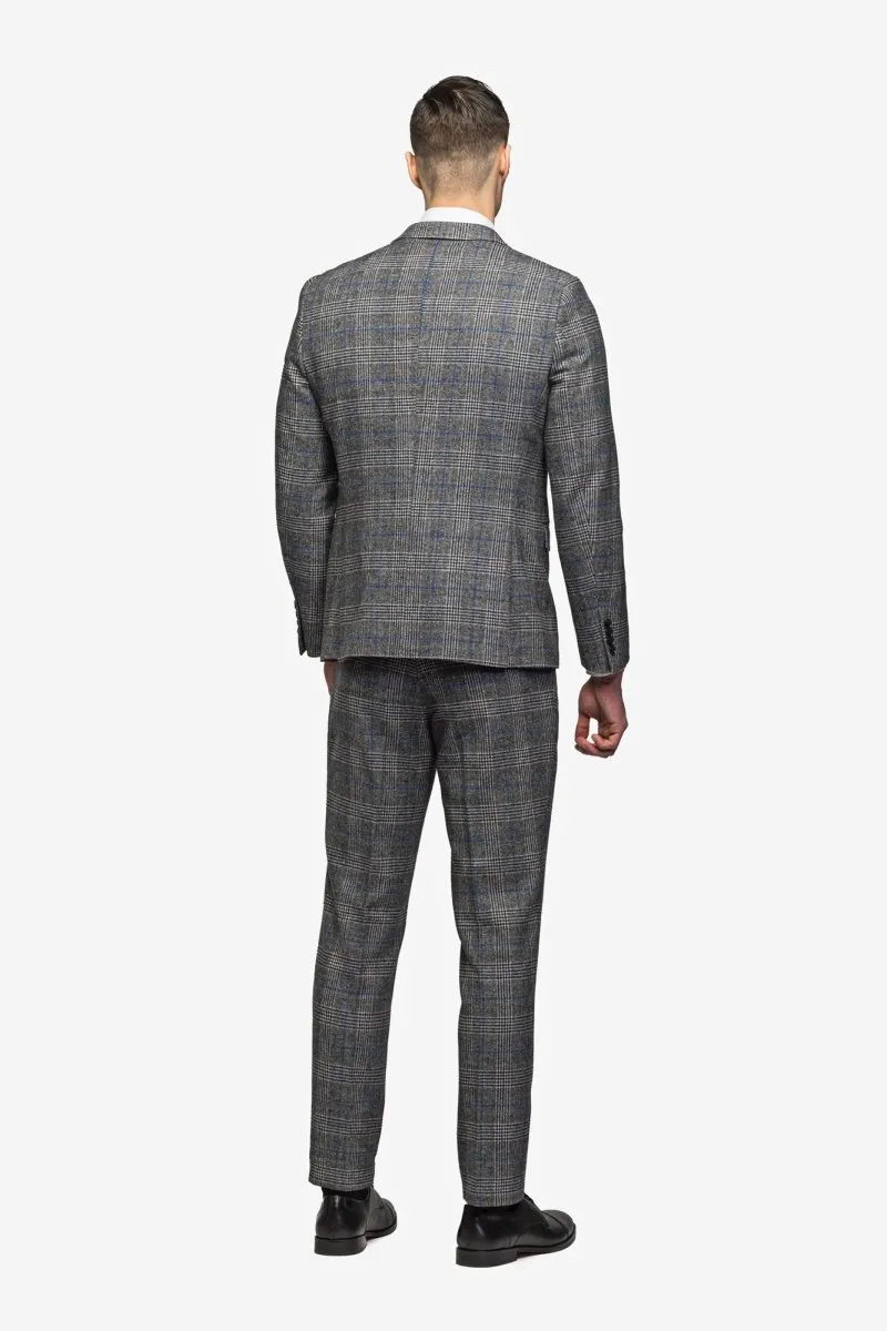 Gray Blue Flannel Plaid 3 Piece Suit