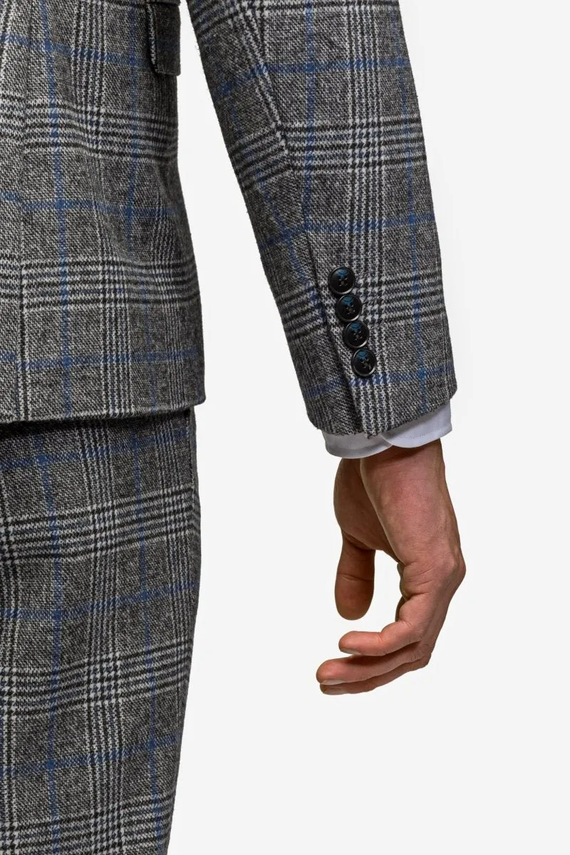 Gray Blue Flannel Plaid 3 Piece Suit