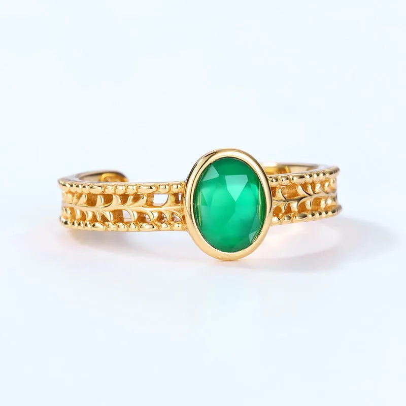 Green Agate Gold Branches And Leaves Ring