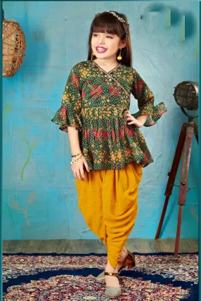 Green with Yellow Printed, Sequins and Thread work Dhoti Style Peplum Kurti for Girls