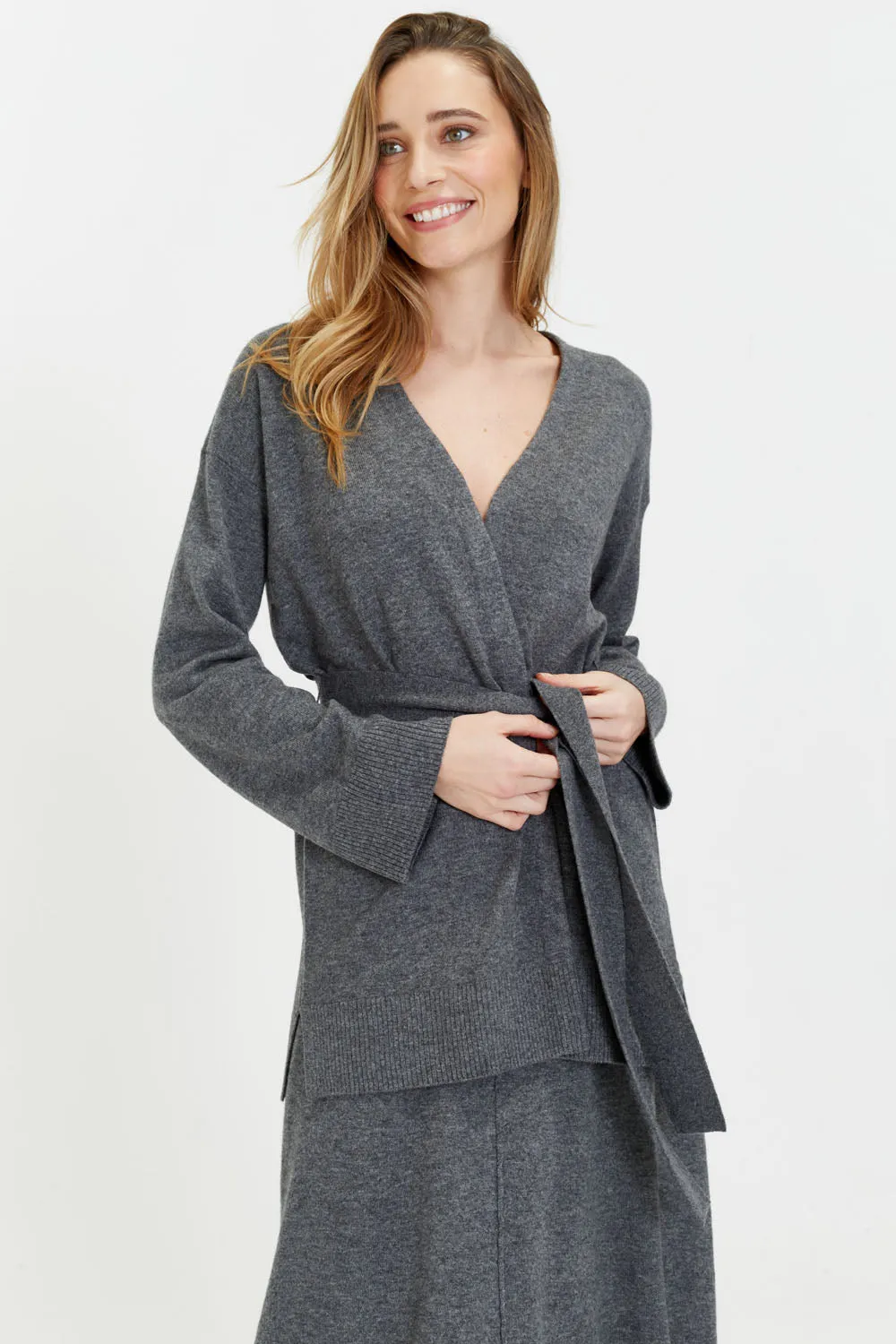 Grey Wool-Cashmere Belted Cardigan