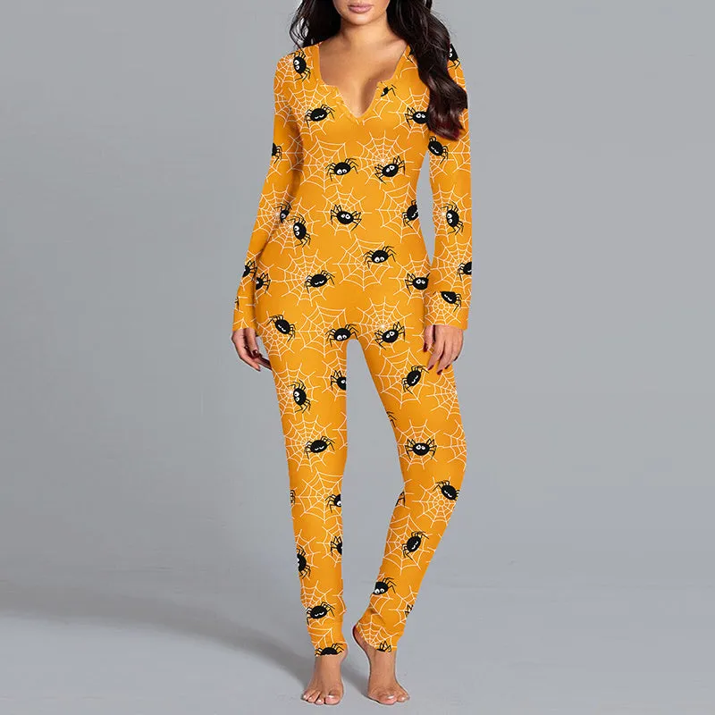 Halloween Printed Jumpsuit Long Sleeve Home Pajamas Casual Trousers Women's Cos Clothing