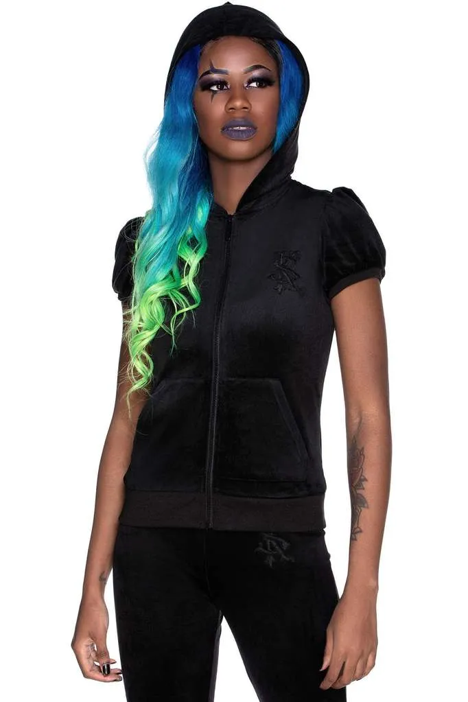 Killstar Dee-Lux Velvet Zip Front Short Sleeve Hoodie in Black