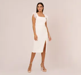 Knit Crepe Midi Dress With Feather Shoulder Accents In Ivory