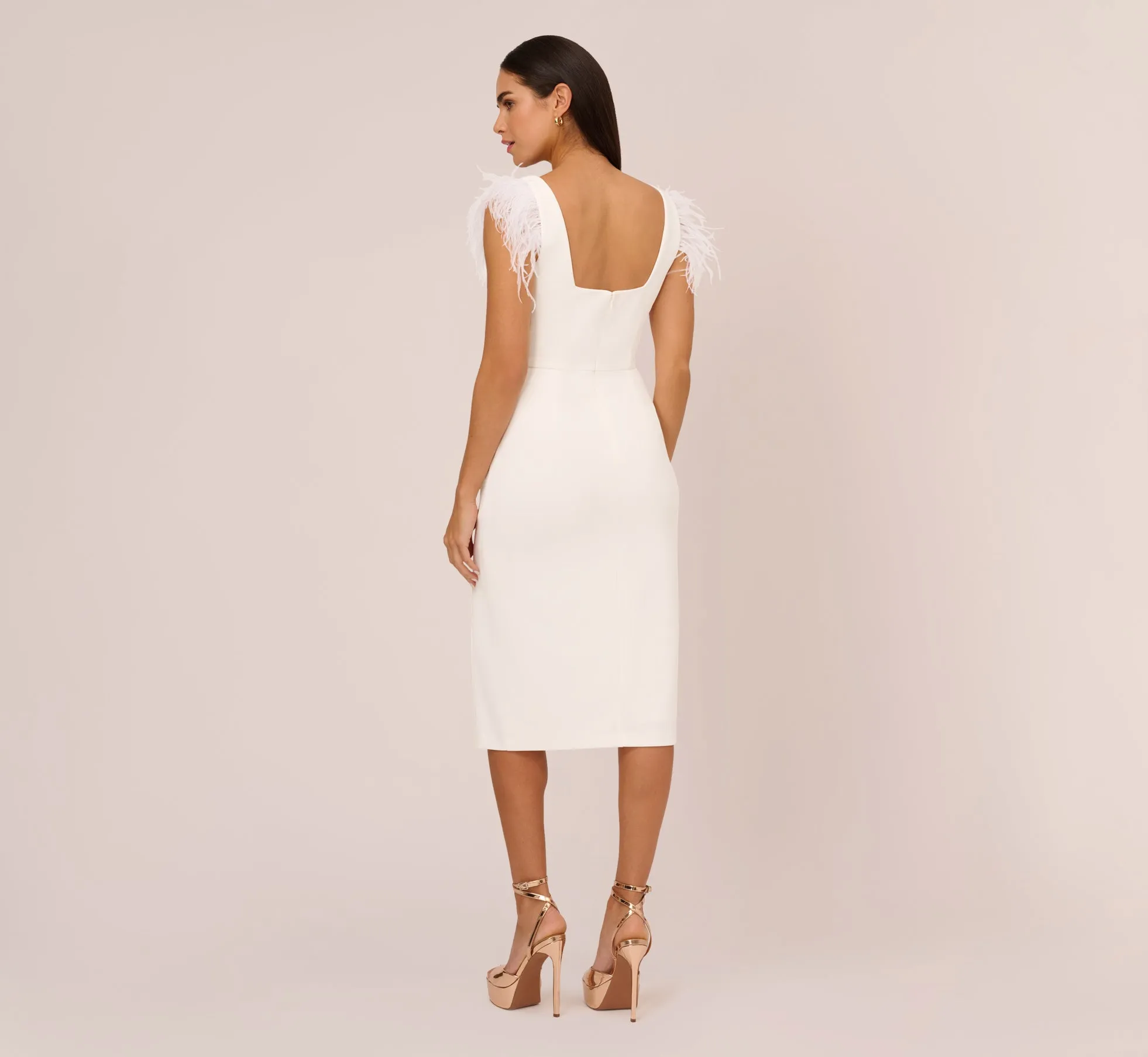 Knit Crepe Midi Dress With Feather Shoulder Accents In Ivory