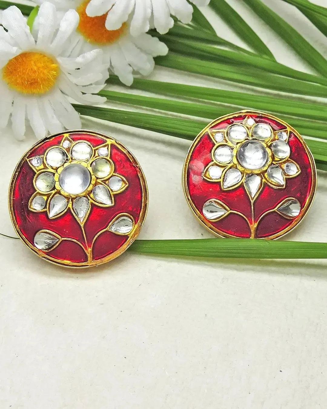 Kundan Circle Earrings (Crimson)