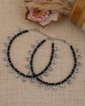 Leaf Black Beaded Anklets