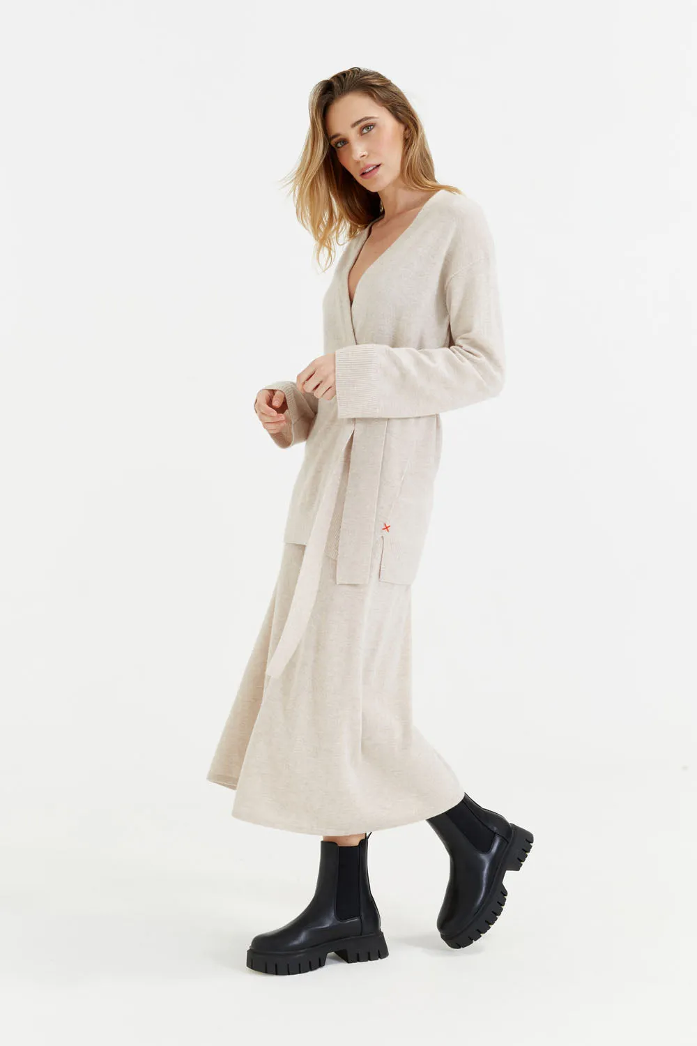 Light-Oatmeal Wool-Cashmere Belted Cardigan