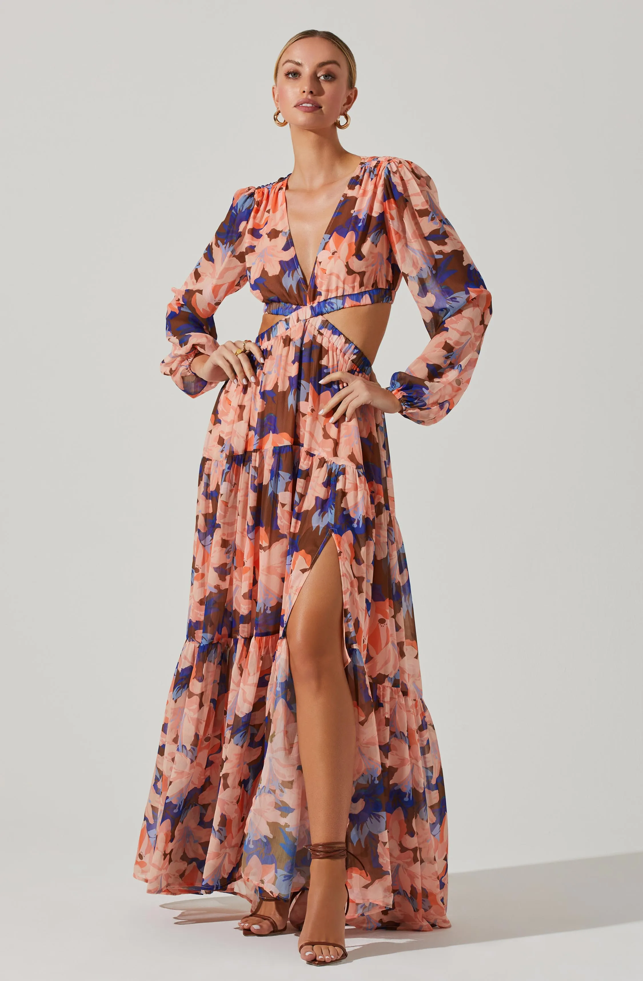 Lively Floral Cutout Long Sleeve Maxi Dress