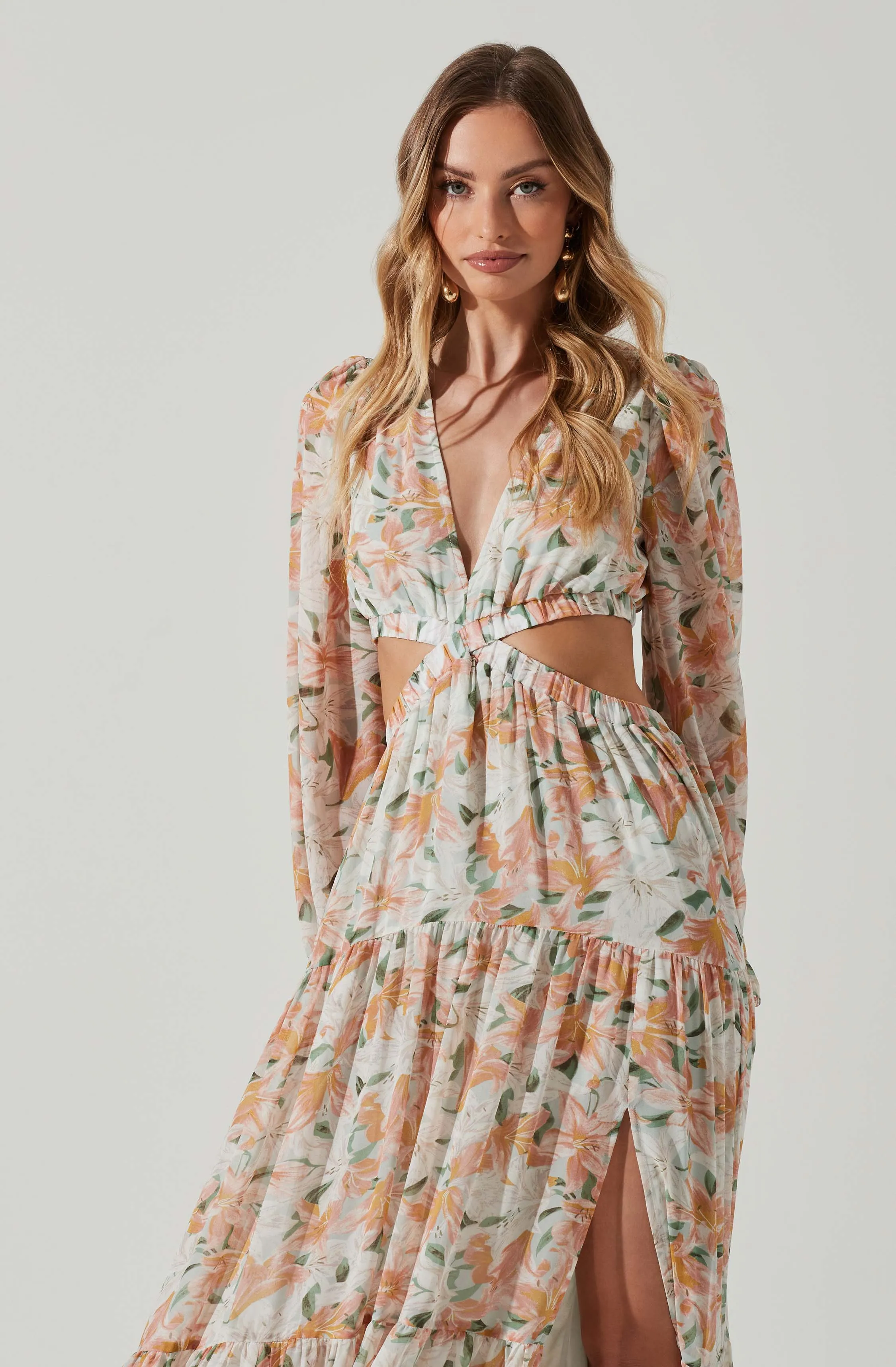 Lively Floral Cutout Long Sleeve Maxi Dress