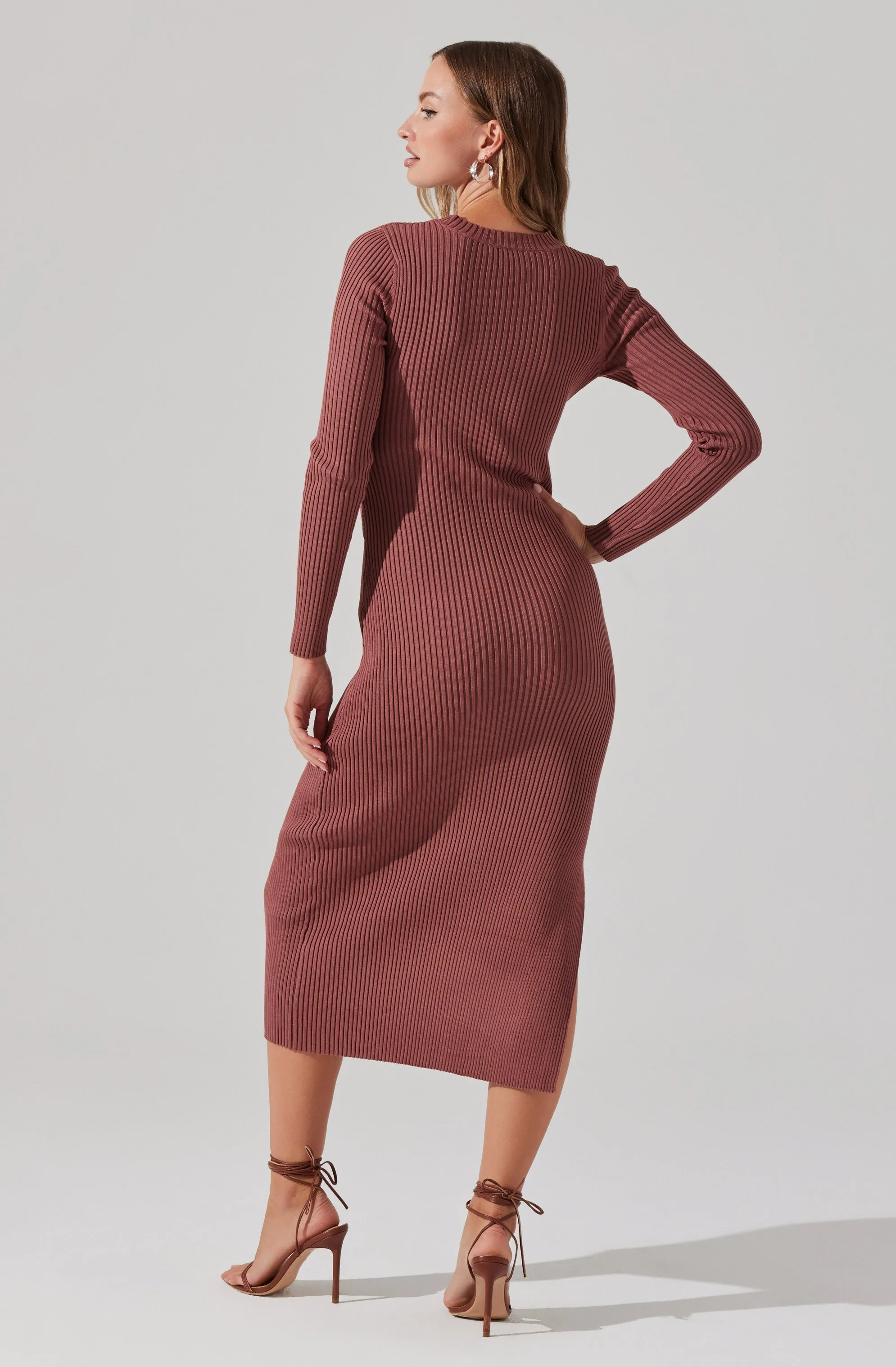 Long Sleeve Button Side Midi Sweater Dress