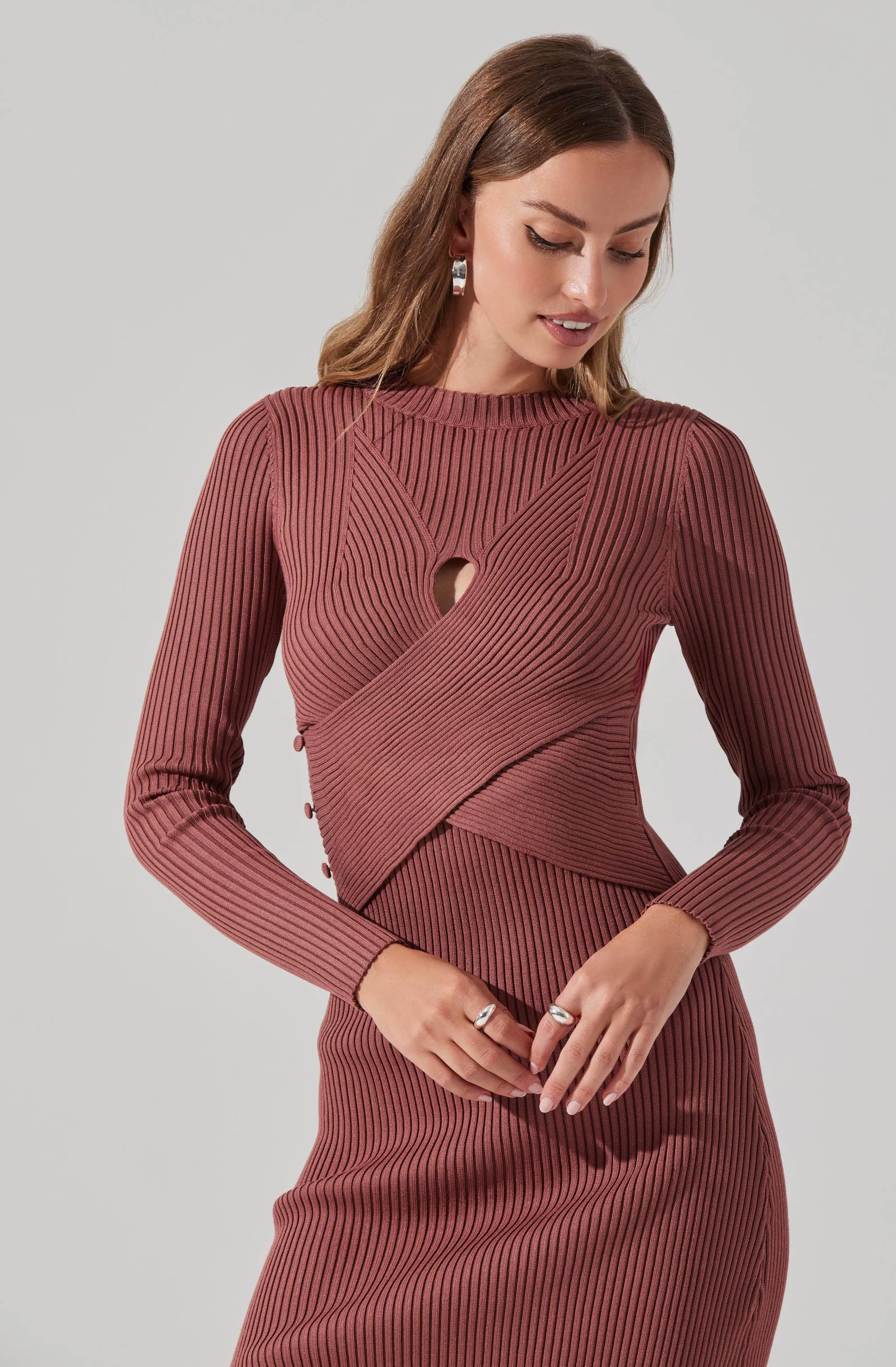 Long Sleeve Button Side Midi Sweater Dress